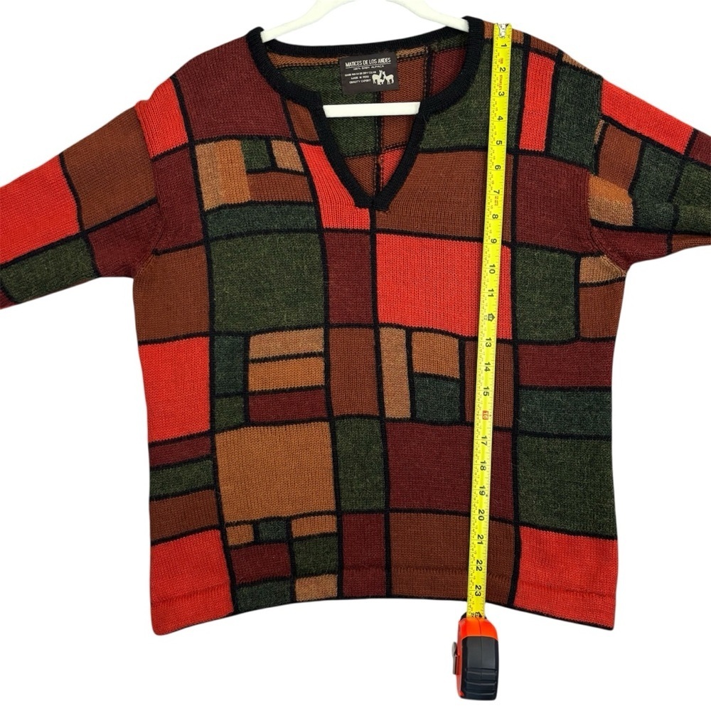 Matices De Los Andes Colorblock Sweater 100% Baby Alpaca Orange & Green V-Neck - Picture 6 of 7